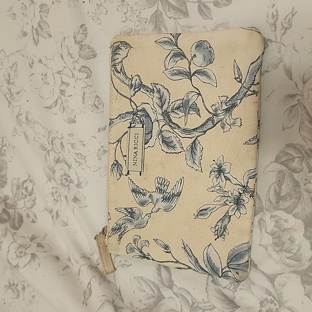 Nina Ricci Blue and Cream Bird Print Pouch